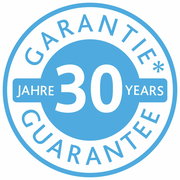 Rundes blaues Siegel mit der Aufschrift '30 Jahre Garantie' in Deutsch und Englisch, Vorderansicht.