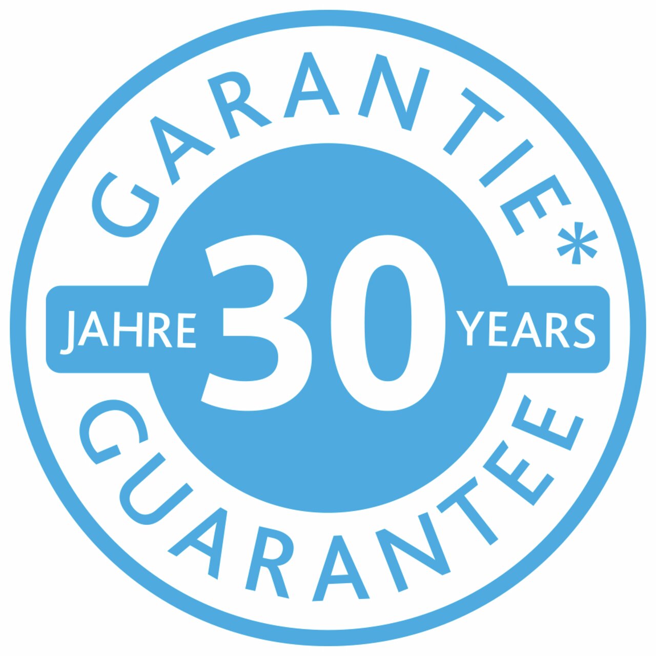 Rundes blaues Siegel mit der Aufschrift '30 Jahre Garantie' in Deutsch und Englisch, Vorderansicht.