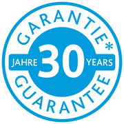 Rundes blaues Siegel mit der Aufschrift '30 Jahre Garantie' in Deutsch und Englisch, Vorderansicht.