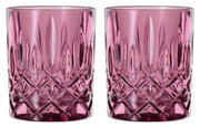 Zwei rosafarbene Whiskybecher mit facettiertem Design, frontal abgebildet.