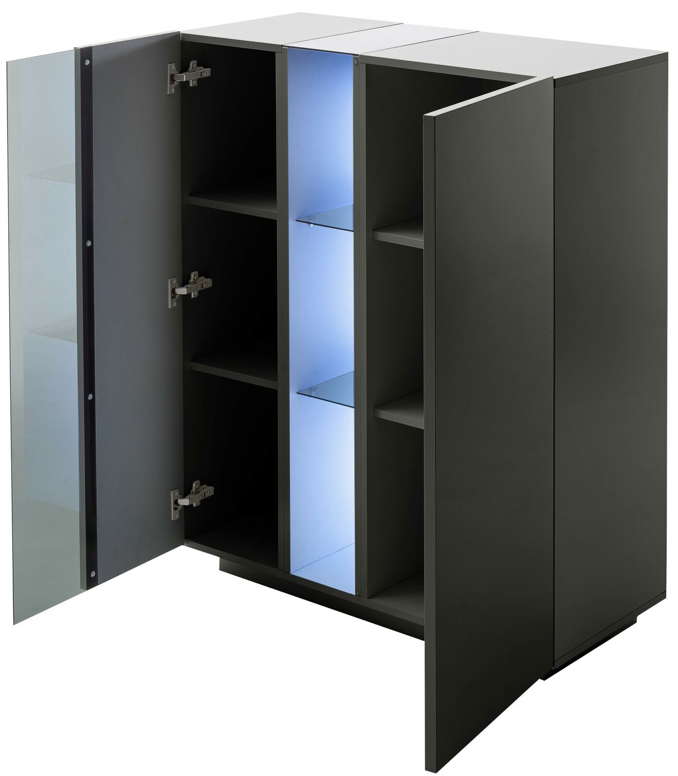 Modernes Highboard mit geöffneten Türen, zeigt Innenregale und blau beleuchtete Glasböden, Perspektive von vorne.