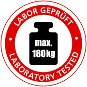 Een veiligheidszegel met de tekst 'In het laboratorium getest' en 'max. 180 kg' geeft het draagvermogen van het product weer, gezien vanaf de voorkant.