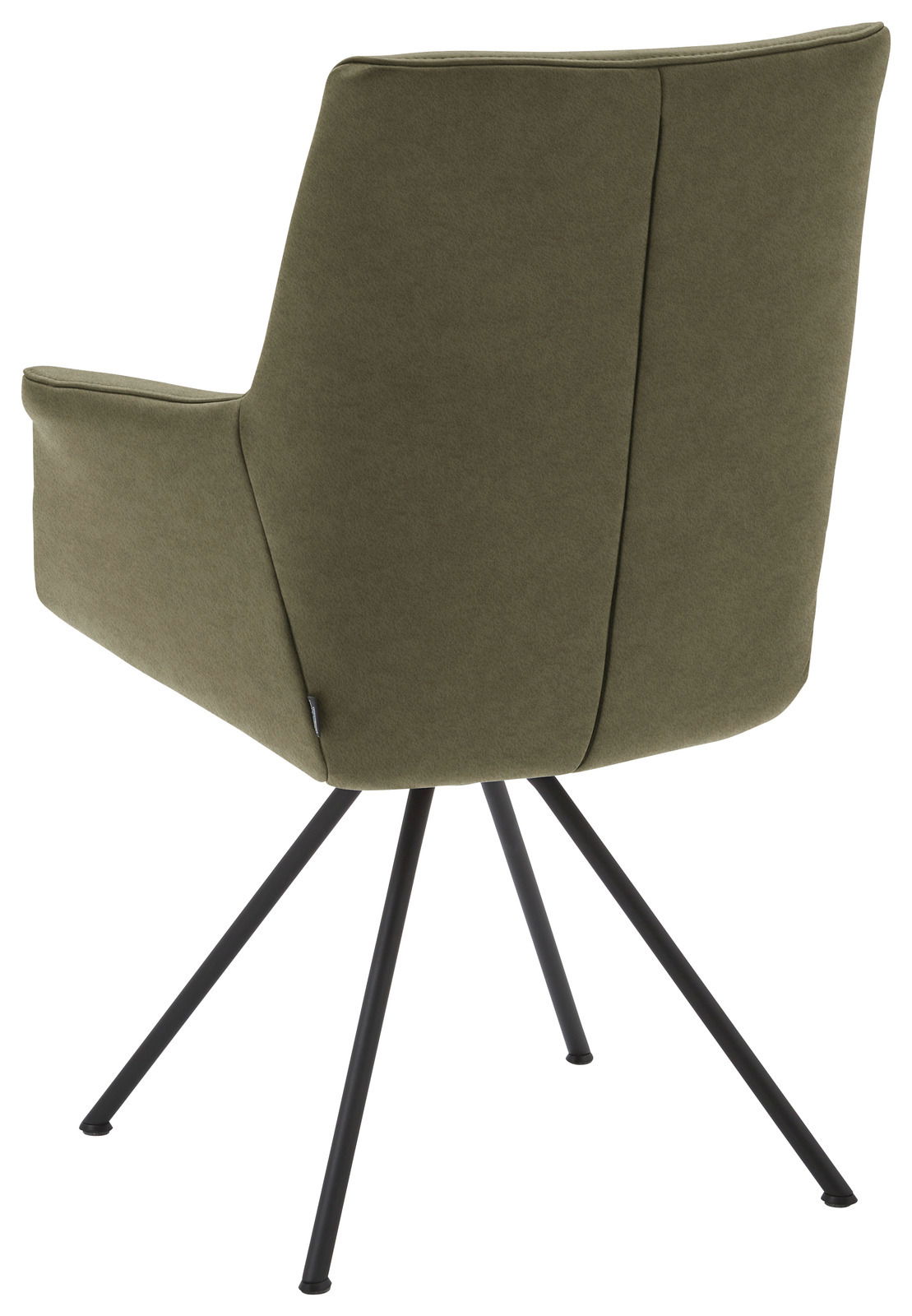 Rückansicht eines modernen Sessels mit olivgrünem Stoffbezug und schwarzen Metallbeinen.
