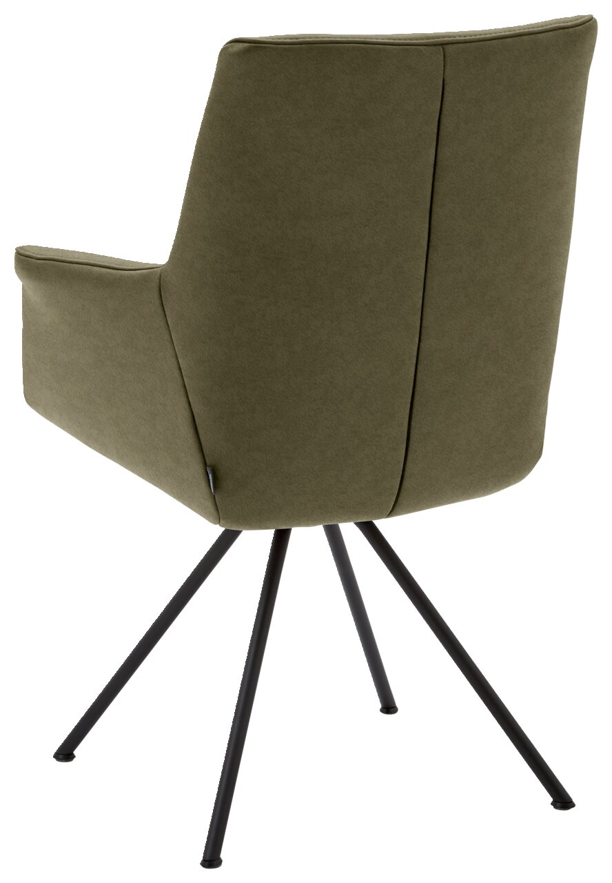 Achterkant van een moderne fauteuil met olijfgroene stoffen bekleding en zwarte metalen poten.