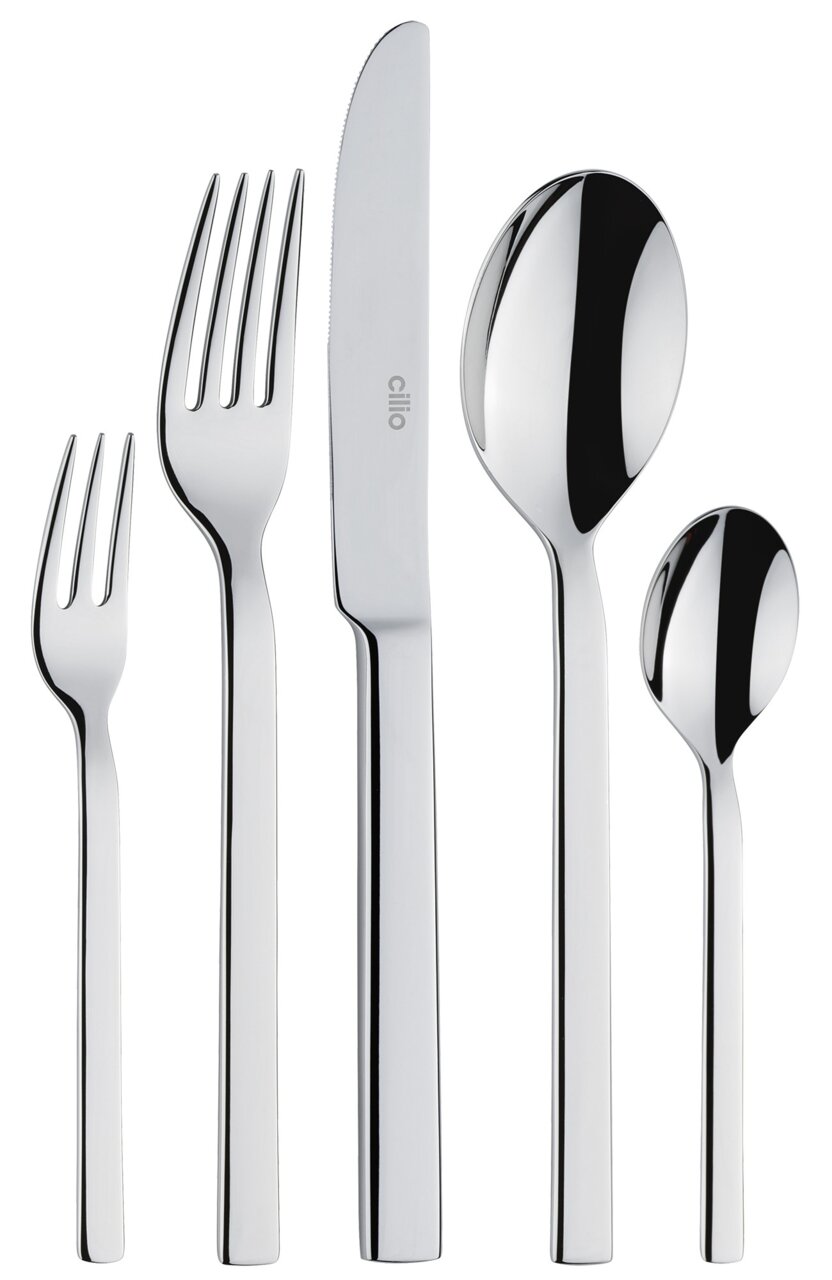 Elegantes Besteck-Set aus Edelstahl, bestehend aus Gabel, Messer, Esslöffel, Dessertgabel und Teelöffel, in Frontalansicht.