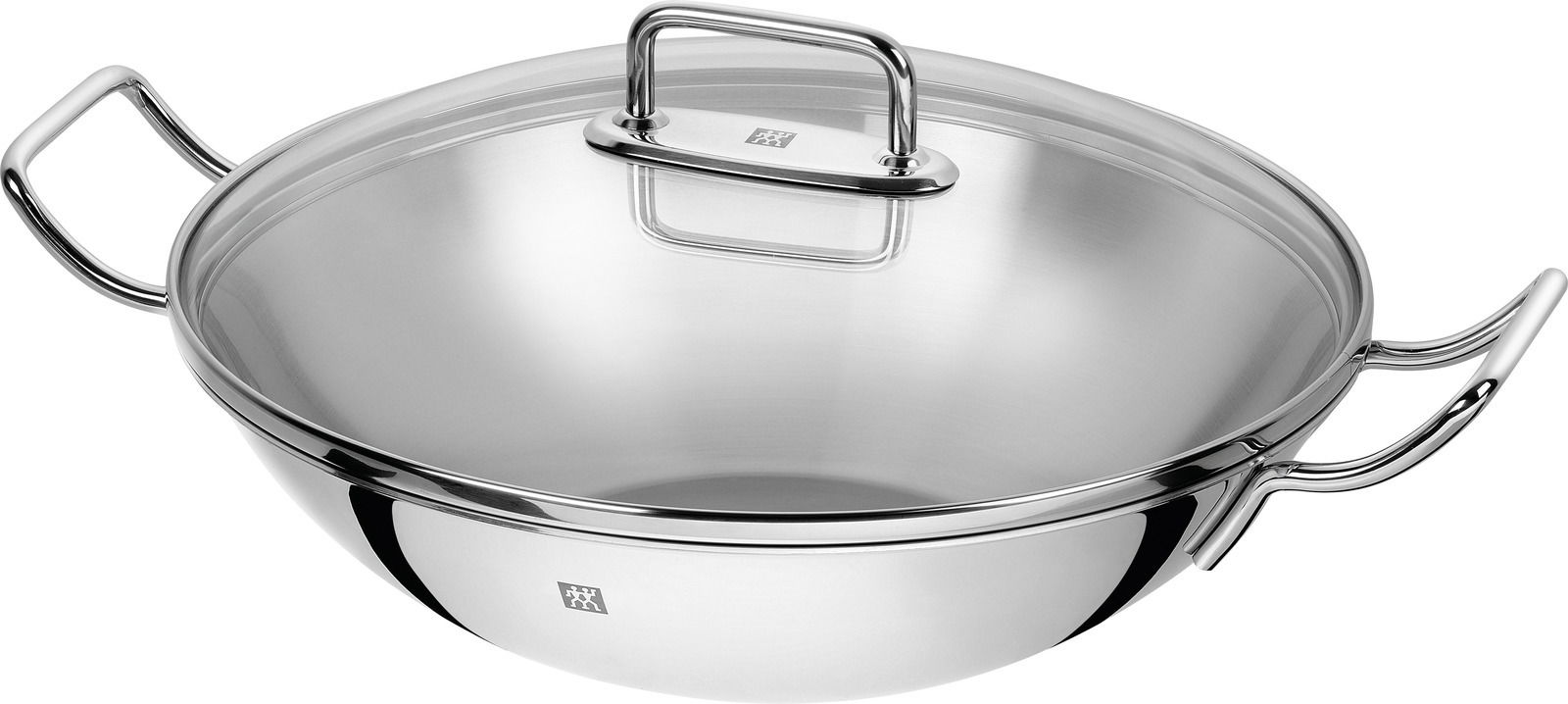 Edelstahl-Wok mit Deckel und zwei Griffen, seitliche Perspektive