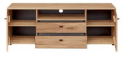 TV-Lowboard aus hellem Holz mit zwei Schubladen, offenen Fächern und geöffneten Seitentüren, Frontansicht.