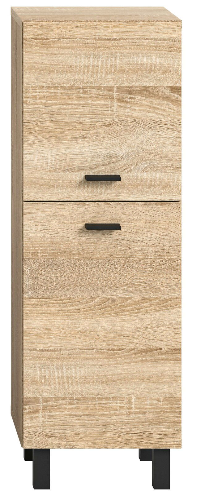 Moderner Badschrank aus hellem Holz mit zwei Schubladen und schwarzen Griffen, frontal abgebildet.