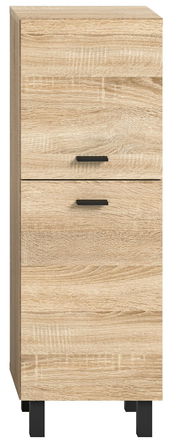 Moderner Badschrank aus hellem Holz mit zwei Schubladen und schwarzen Griffen, frontal abgebildet.