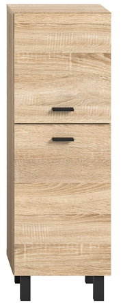 Moderner Badschrank aus hellem Holz mit zwei Schubladen und schwarzen Griffen, frontal abgebildet.