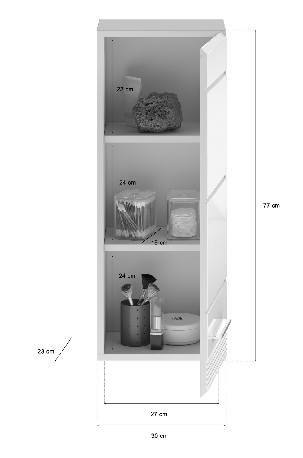 Hochformatiger Badezimmerschrank mit drei offenen Regalfächern, gefüllt mit Pflegeprodukten und Accessoires, aus seitlicher Perspektive.