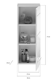 Hochformatiger Badezimmerschrank mit drei offenen Regalfächern, gefüllt mit Pflegeprodukten und Accessoires, aus seitlicher Perspektive.