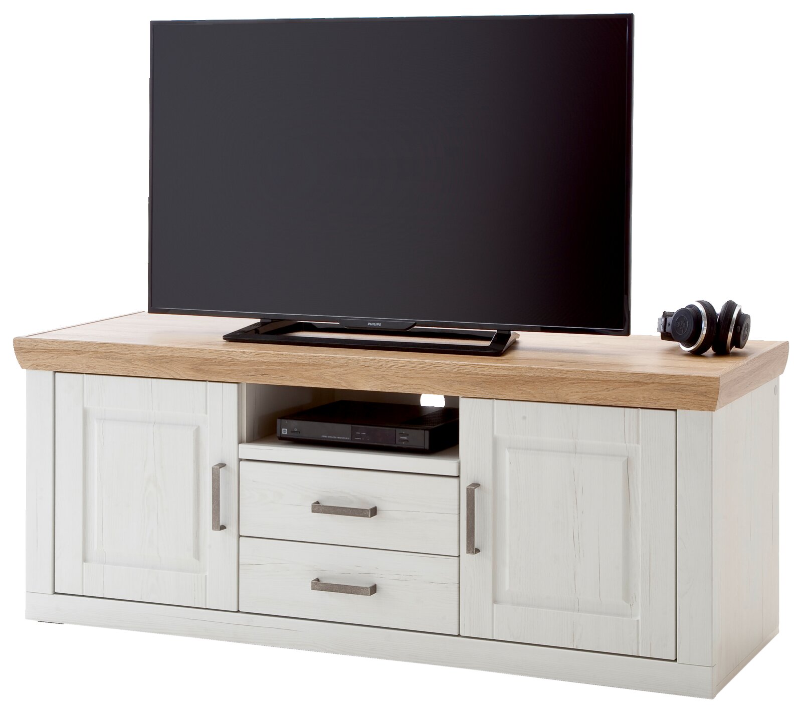 Landscape TV-Lowboard BREGENZ Weißes TV-Lowboard mit Holzoptik-Oberplatte, zwei Türen, zwei Schubladen und offenem Gerätefach, frontal in leichter Schrägansicht von vorn fotografiert, mit Fernseher obenauf