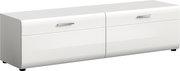 Weißes, modernes Lowboard/TV-Board mit zwei Schubladen und silbernen Griffen, glänzende Front, Ansicht schräg von vorne links