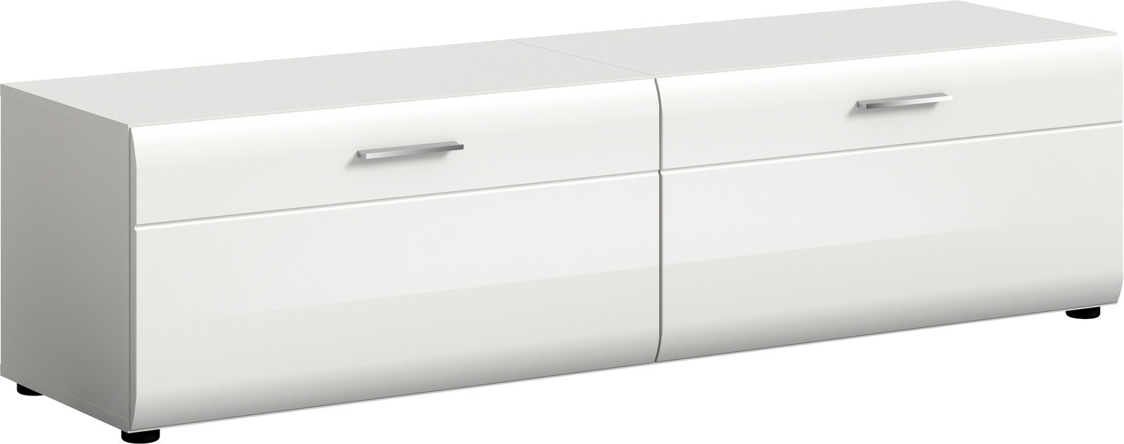 Weißes, modernes Lowboard/TV-Board mit zwei Schubladen und silbernen Griffen, glänzende Front, Ansicht schräg von vorne links