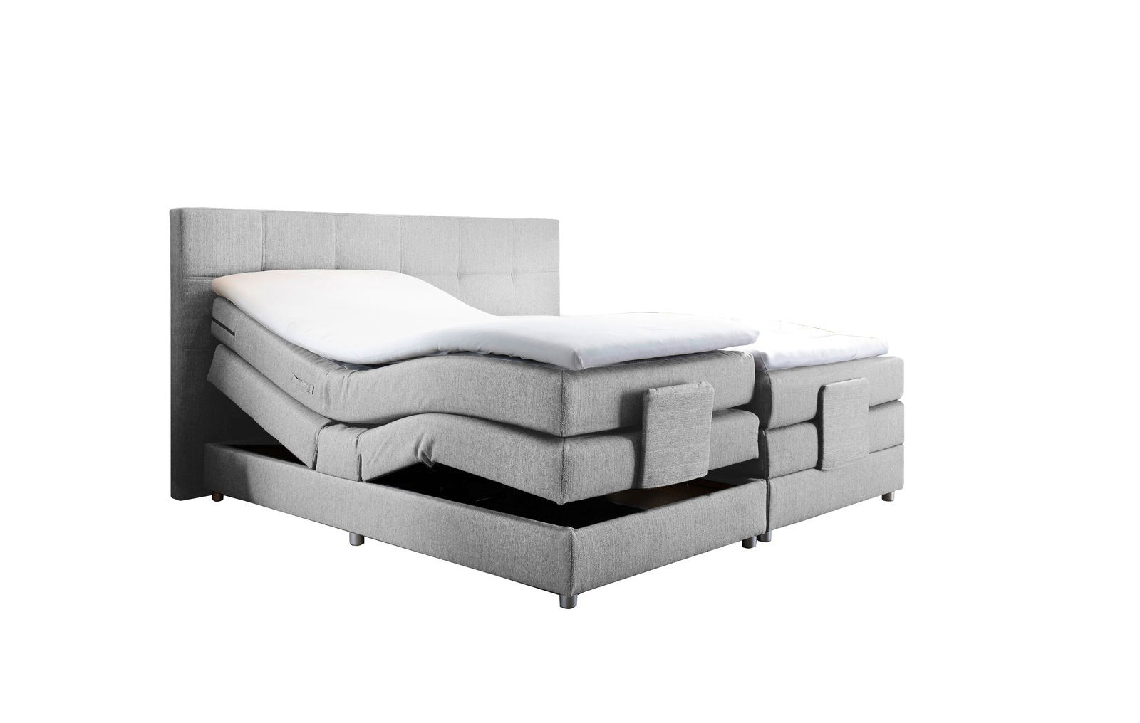 Graues Boxspringbett mit verstellbaren Matratzen, seitliche Perspektive