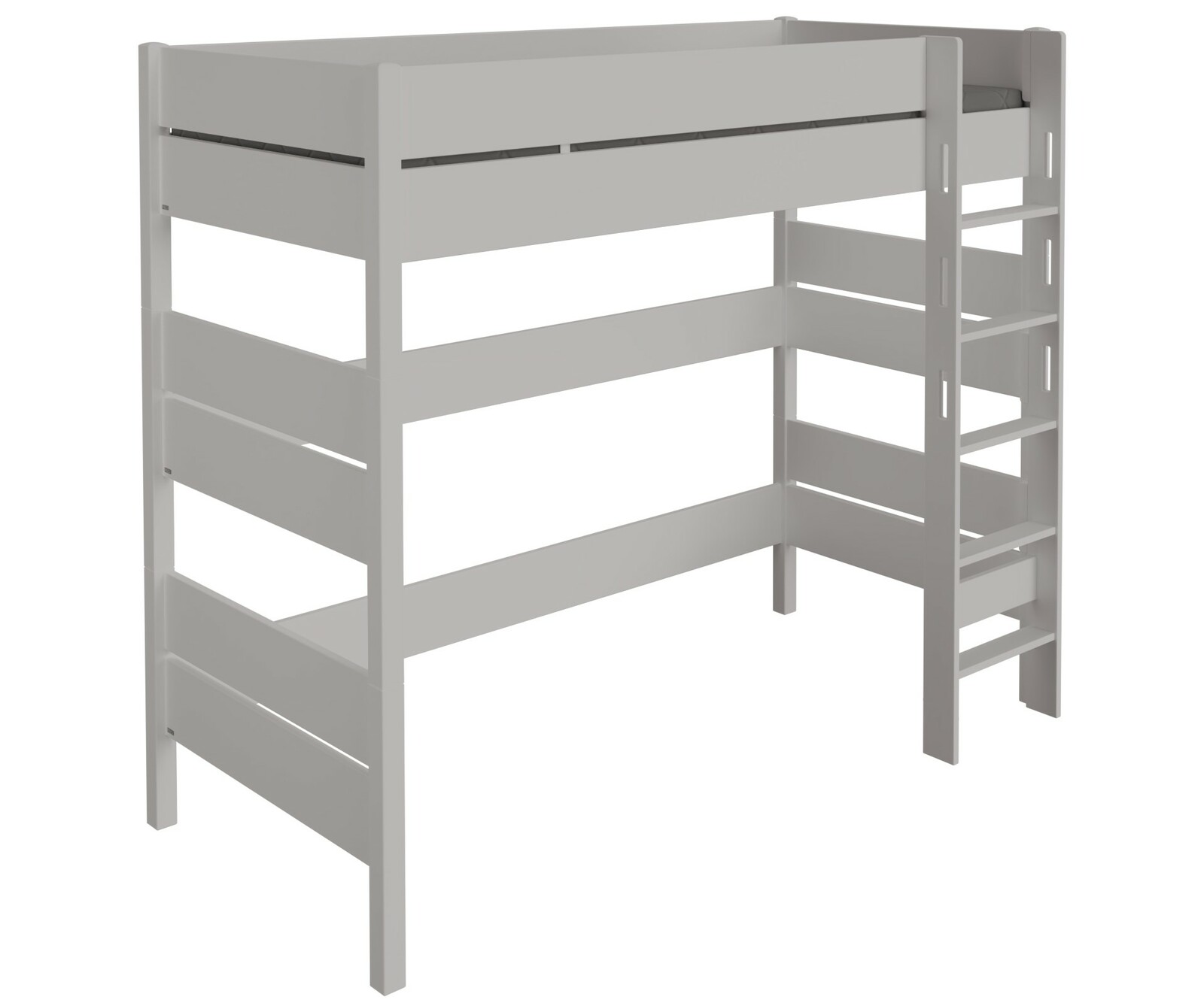 Graues Hochbett aus Holz mit integrierter Leiter, seitliche Perspektive