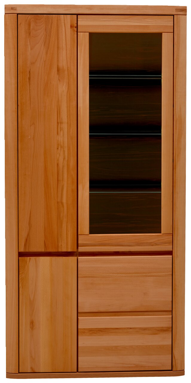 Vitrine aus Holz mit Glastür, frontal fotografiert
