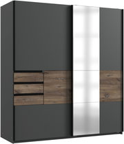 Moderner Schwebetürenschrank mit zwei Türen, einer Spiegeloberfläche und Holzdekor, Frontalansicht.