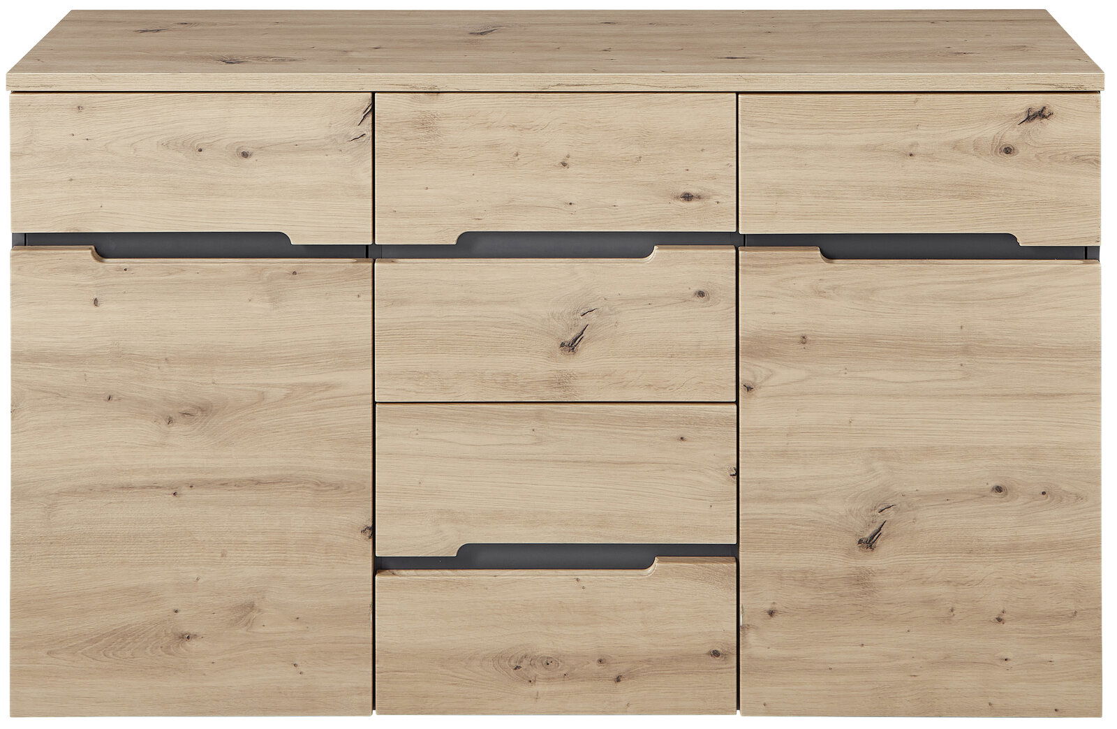 Frontale Ansicht eines modernen Sideboards aus hellem Holz mit mehreren Schubladen und Türen.