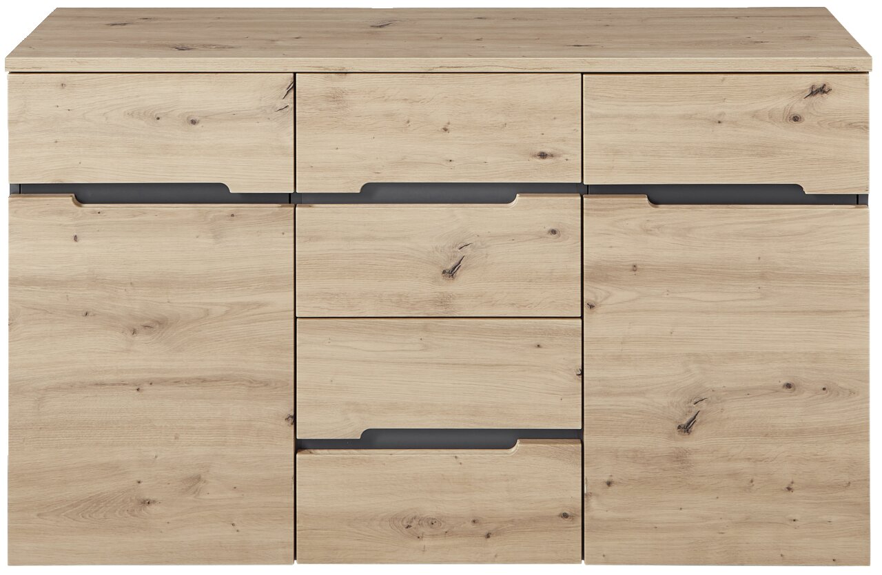 Frontale Ansicht eines modernen Sideboards aus hellem Holz mit mehreren Schubladen und Türen.