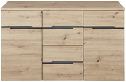 Frontale Ansicht eines modernen Sideboards aus hellem Holz mit mehreren Schubladen und Türen.