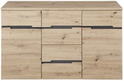 Frontale Ansicht eines modernen Sideboards aus hellem Holz mit mehreren Schubladen und Türen.