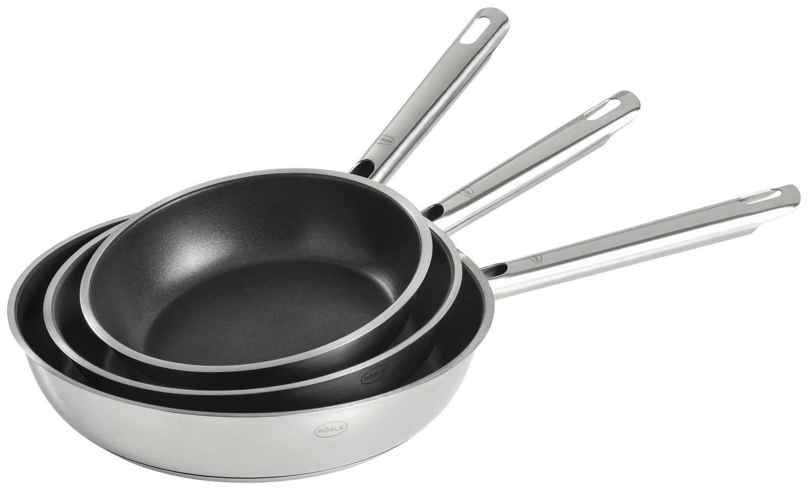 Dreiteiliges Pfannenset Elegance aus Edelstahl mit Antihaftbeschichtung, gestapelt in seitlicher Perspektive