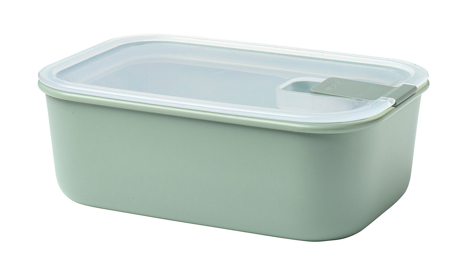 Rechteckige Frischhaltedose mit grünem Boden und transparentem Deckel, seitliche Perspektive