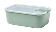 Rechteckige Frischhaltedose mit grünem Boden und transparentem Deckel, seitliche Perspektive