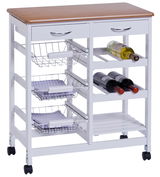 Küchenrollwagen mit Holzplatte, zwei Schubladen, seitlichen Gitterkörben und Weinregalen, auf Rollen, seitliche Perspektive