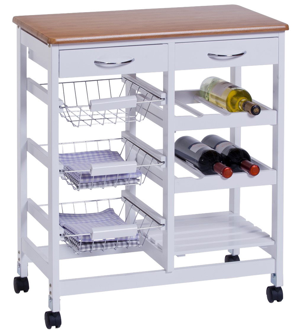 Küchenrollwagen mit Holzplatte, zwei Schubladen, seitlichen Gitterkörben und Weinregalen, auf Rollen, seitliche Perspektive