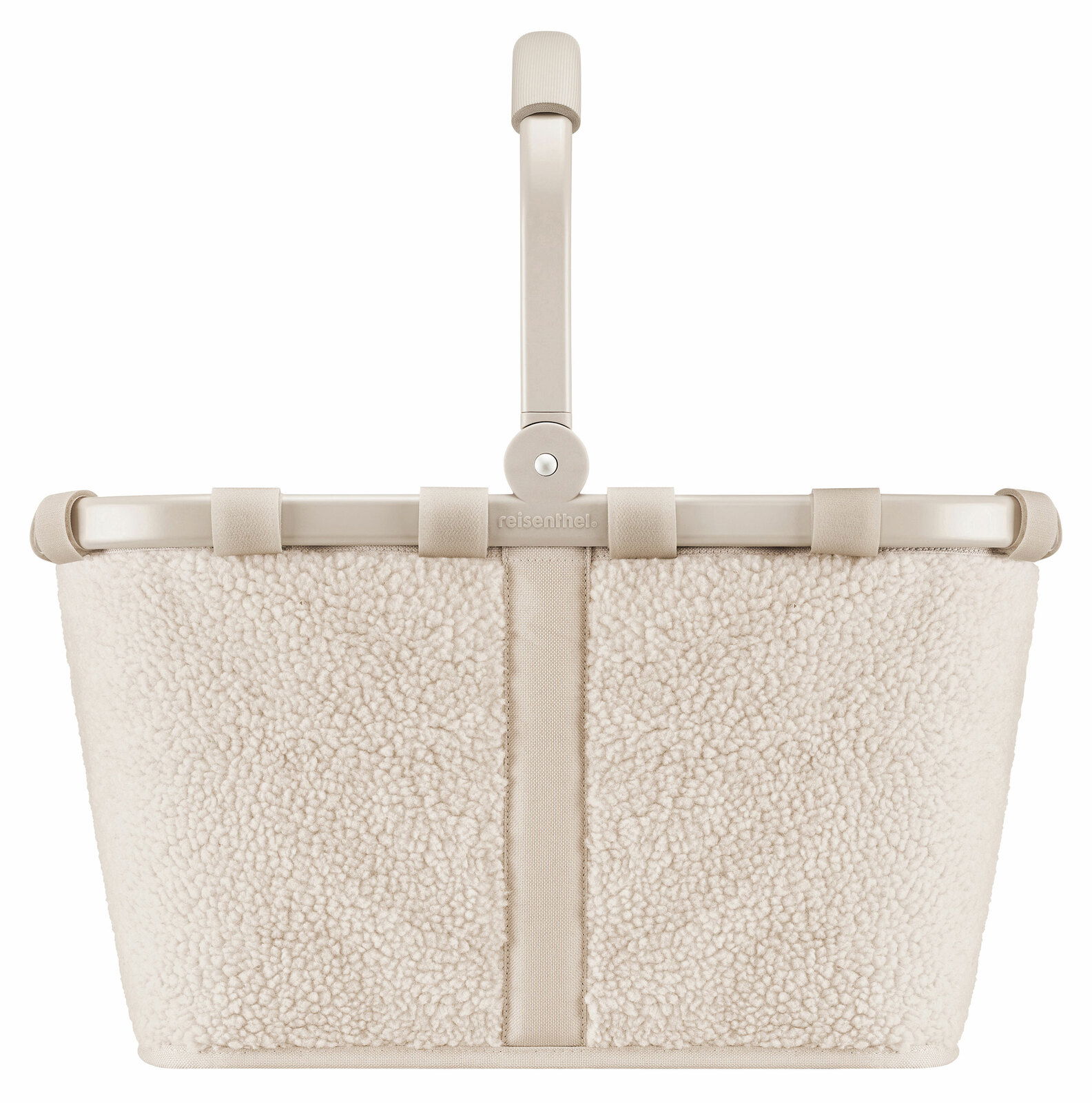 Beiger Einkaufskorb mit weichem, flauschigem Stoffbezug, frontal abgebildet.