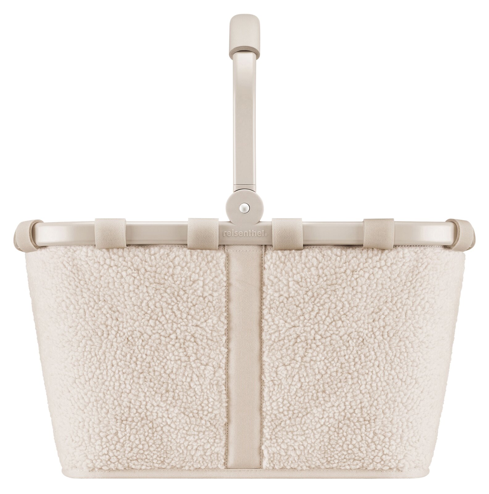 Beige boodschappenmand met een zachte, donzige stoffen bekleding, afgebeeld van voren.