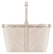 Beige boodschappenmand met een zachte, donzige stoffen bekleding, afgebeeld van voren.