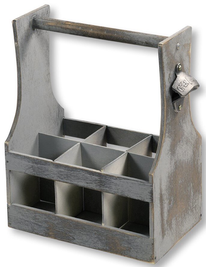 Kesper Flaschenträger Antiker Flaschenträger aus Holz mit sechs Fächern und einem Flaschenöffner an der Seite, seitliche Perspektive