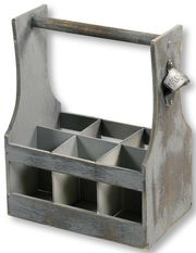 Antiker Flaschenträger aus Holz mit sechs Fächern und einem Flaschenöffner an der Seite, seitliche Perspektive