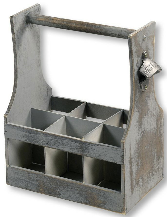 Antiker Flaschenträger aus Holz mit sechs Fächern und einem Flaschenöffner an der Seite, seitliche Perspektive