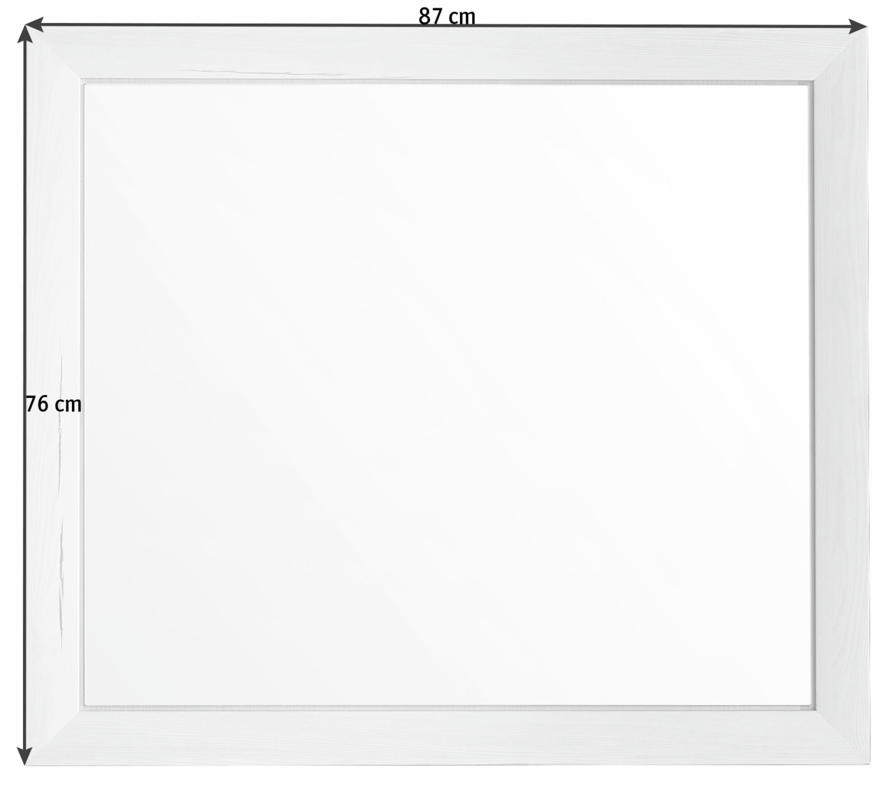 Rechteckiger Spiegel der Serie Camron/Benton mit weißem Rahmen, Abmessungen 87 cm x 76 cm, Frontalansicht.