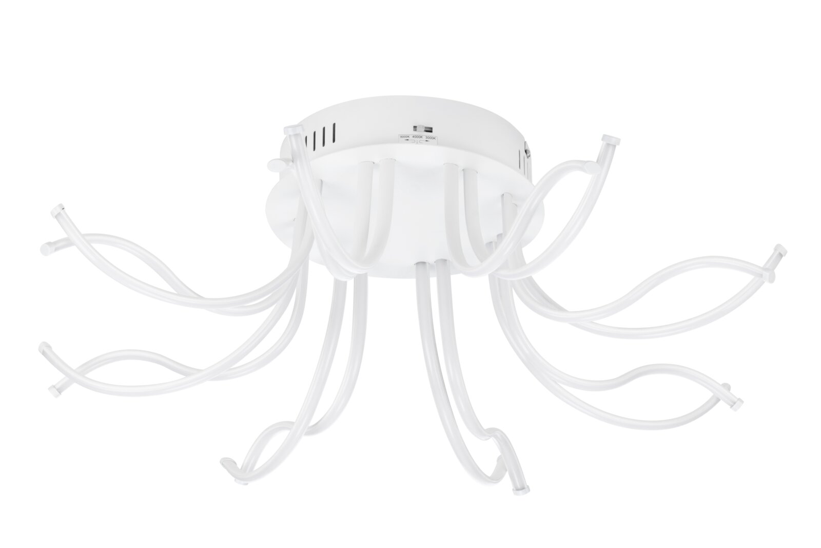 Moderne led-plafondlamp met gebogen armen, gezien van onderaf