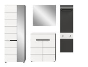 Modernes Flurmöbel-Set in Weiß und Anthrazit mit hohem Schrank, Kommode, Spiegel und Garderobenpaneel mit Ablage und Haken, frontale Ansicht