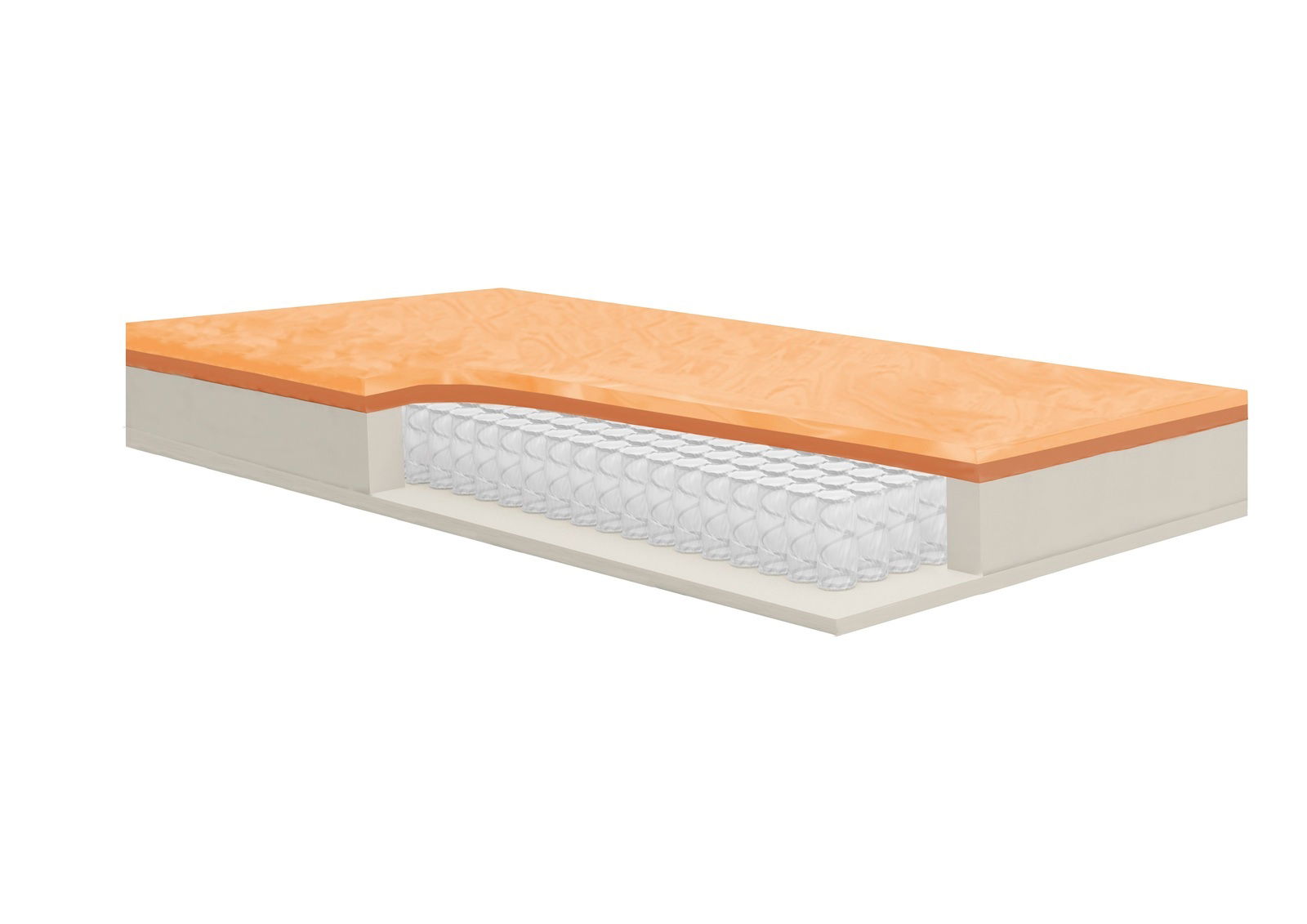 Zurbrüggen Taschenfederkenmatratze H3 ULTRA 220 Querschnitt einer Taschenfederkernmatratze mit sichtbaren Schichten und Federn, seitliche Perspektive