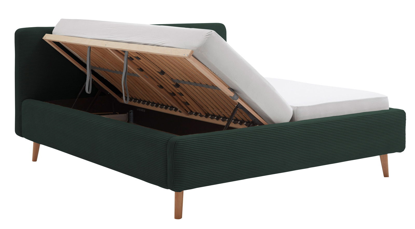 Polsterbett mit hochgeklappter Matratze und Stauraum, seitliche Perspektive