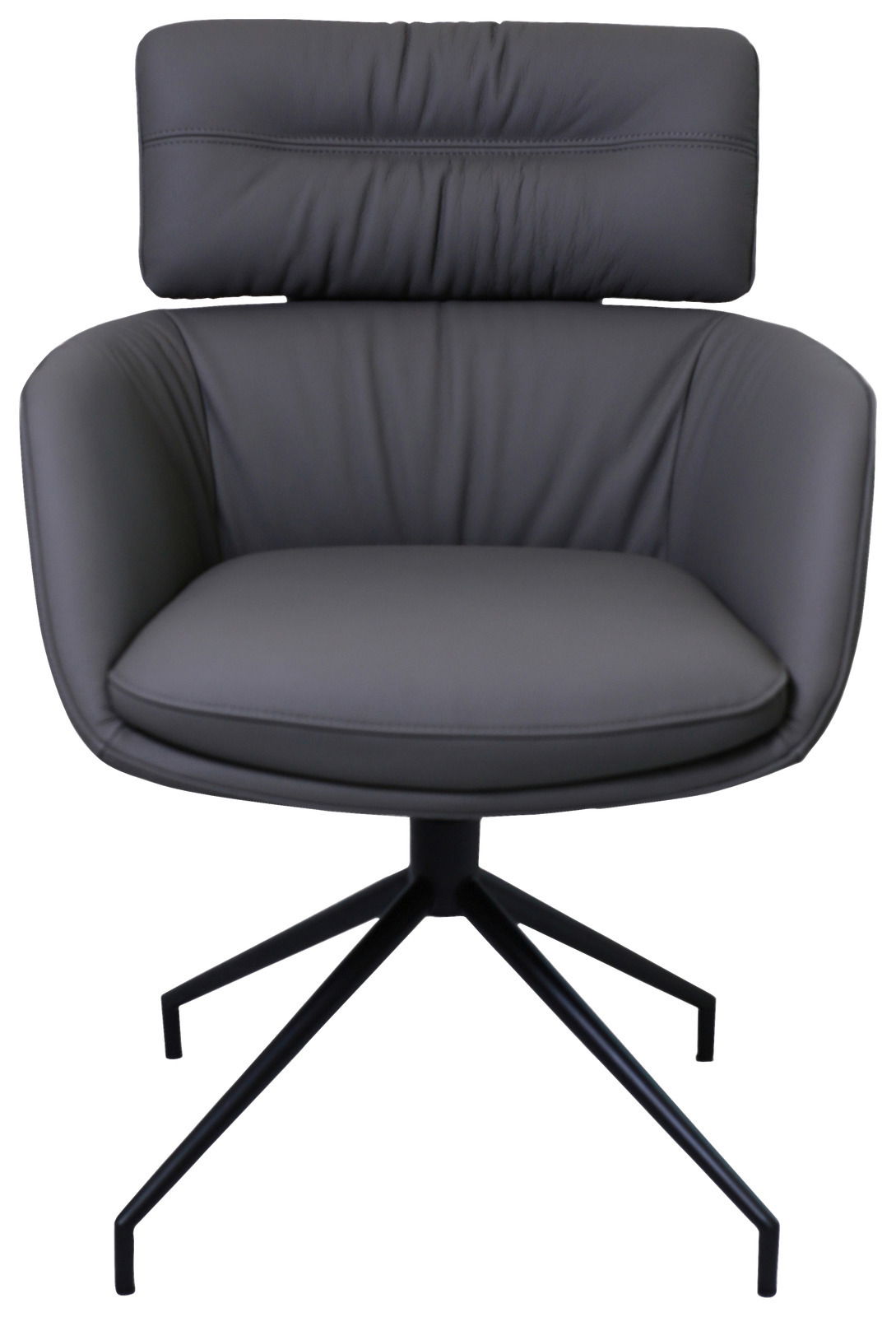 Moderner Armlehnstuhl in dunklem Leder mit schwarzem Metallgestell, Frontalansicht