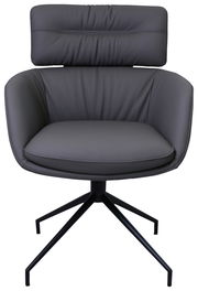 Moderner Armlehnstuhl in dunklem Leder mit schwarzem Metallgestell, Frontalansicht