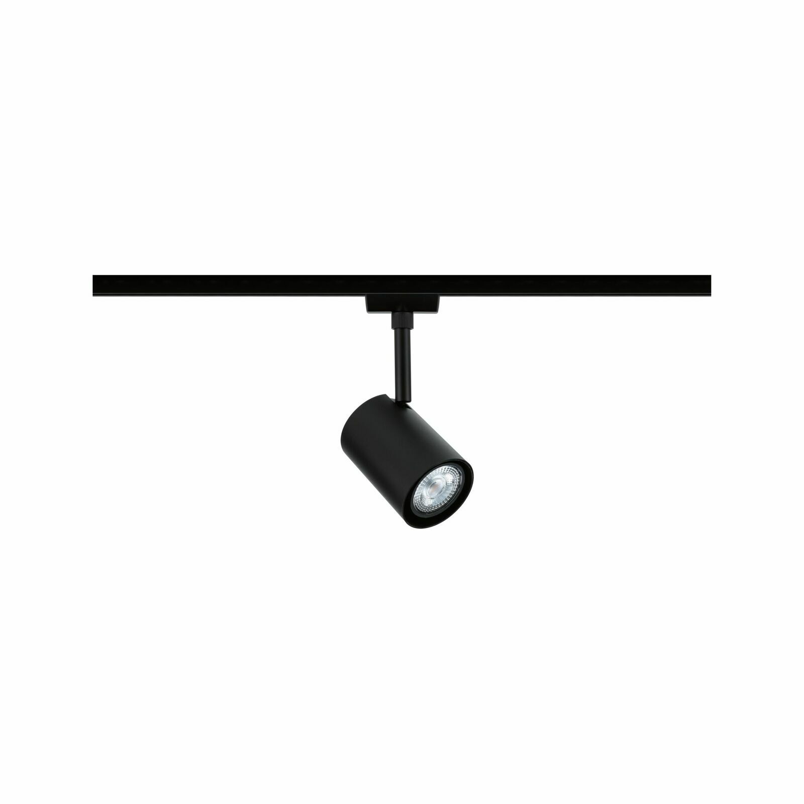 Schwarzer Schienenspot Luxe, seitliche Perspektive, montiert an einer Schiene, mit zylindrischem Leuchtkopf.