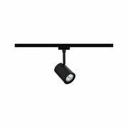 Schwarzer Schienenspot Luxe, seitliche Perspektive, montiert an einer Schiene, mit zylindrischem Leuchtkopf.