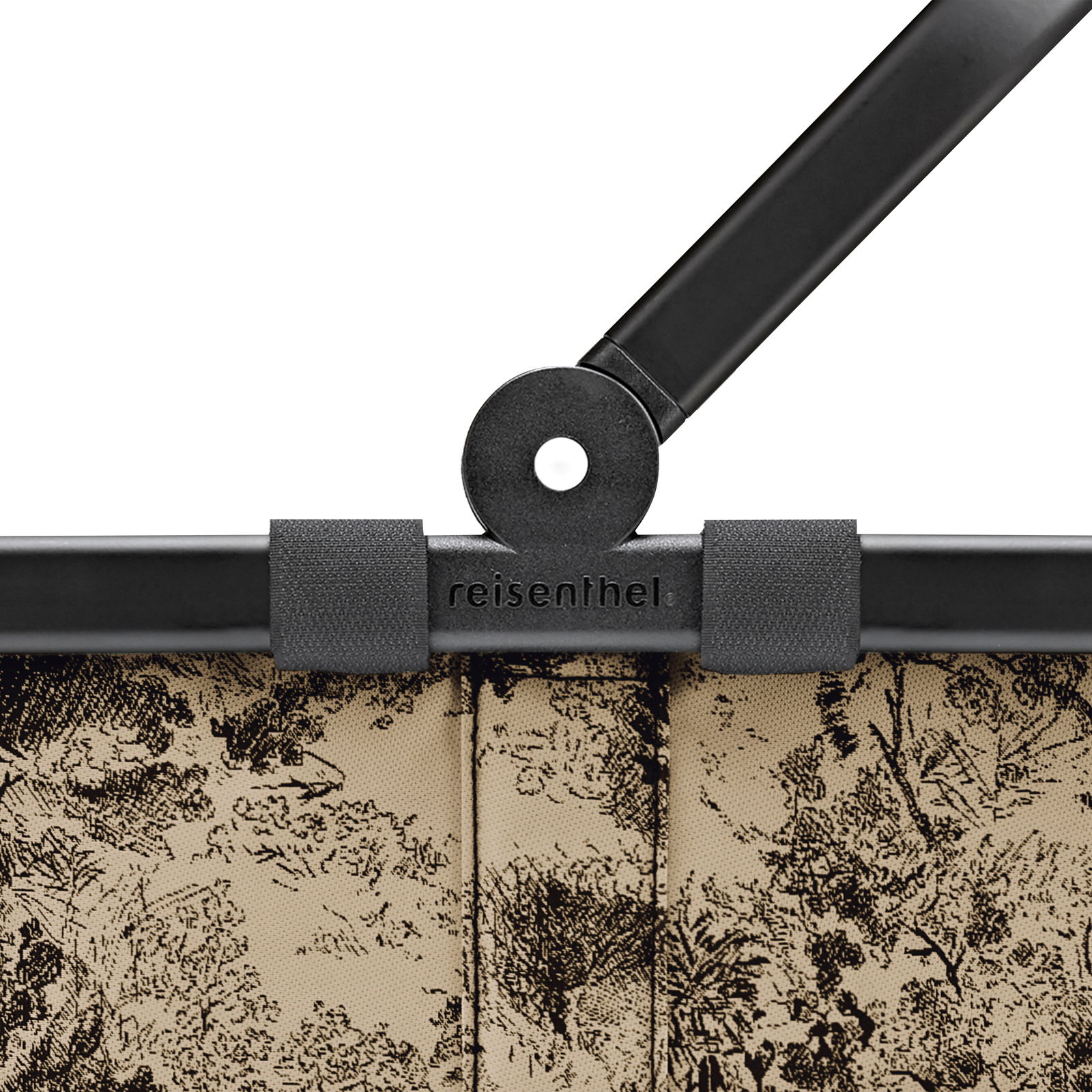 Nahaufnahme eines Reisenthel Carrybags mit schwarzem Griff und floralem Muster, von oben betrachtet.