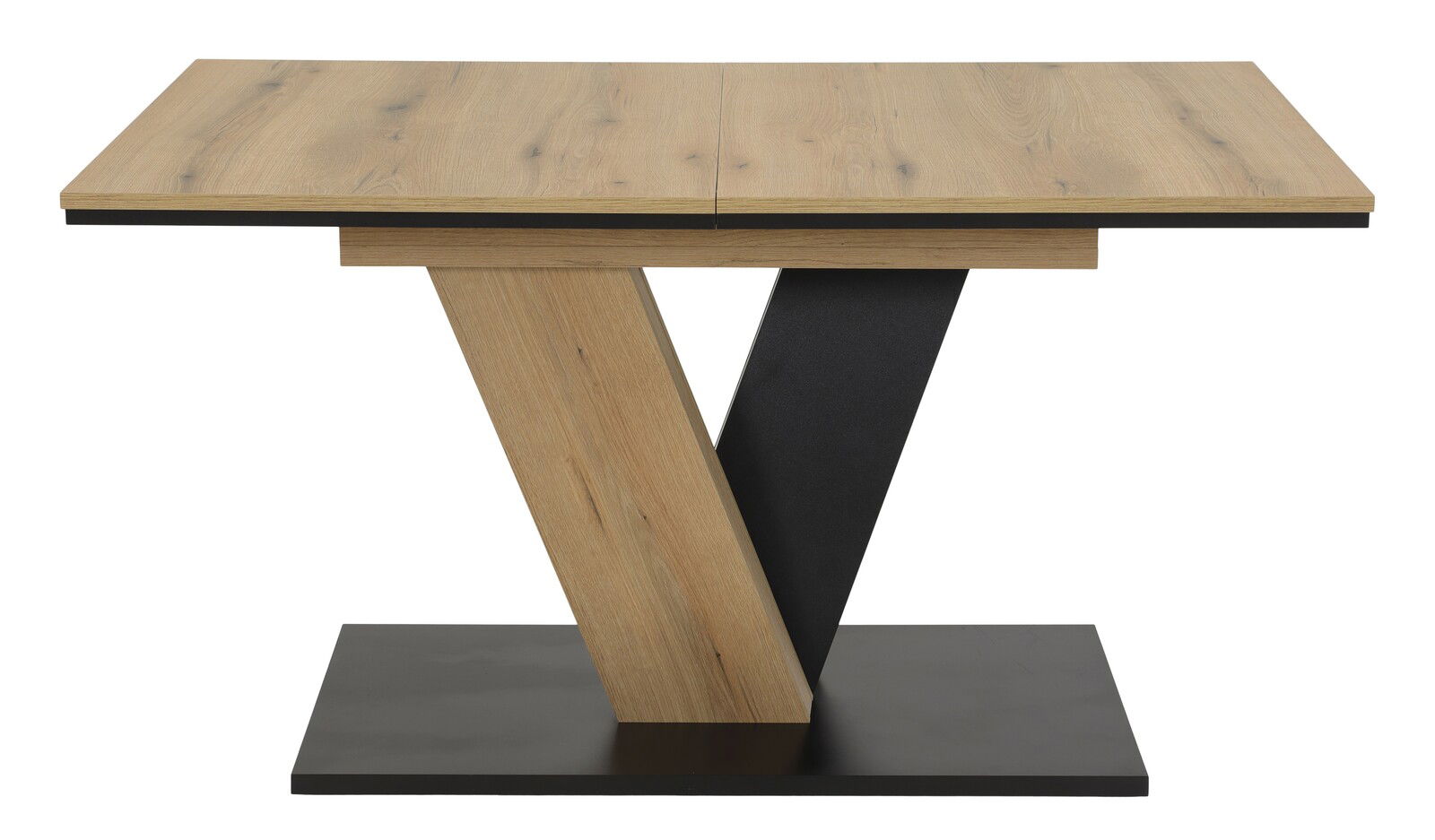 Moderner Esstisch mit Holzoptik und schwarzem Metallgestell, seitliche Perspektive