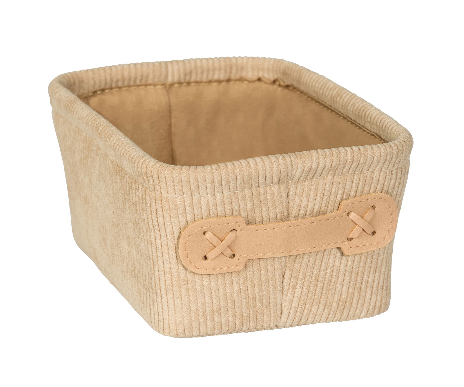 Beiger Badkorb Anela mini, long, aus Stoff mit seitlichem Griff, schräg von vorne fotografiert